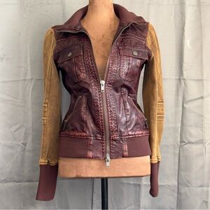 BKE Jacket with Brown and Mustard Distressed faux leather size XS